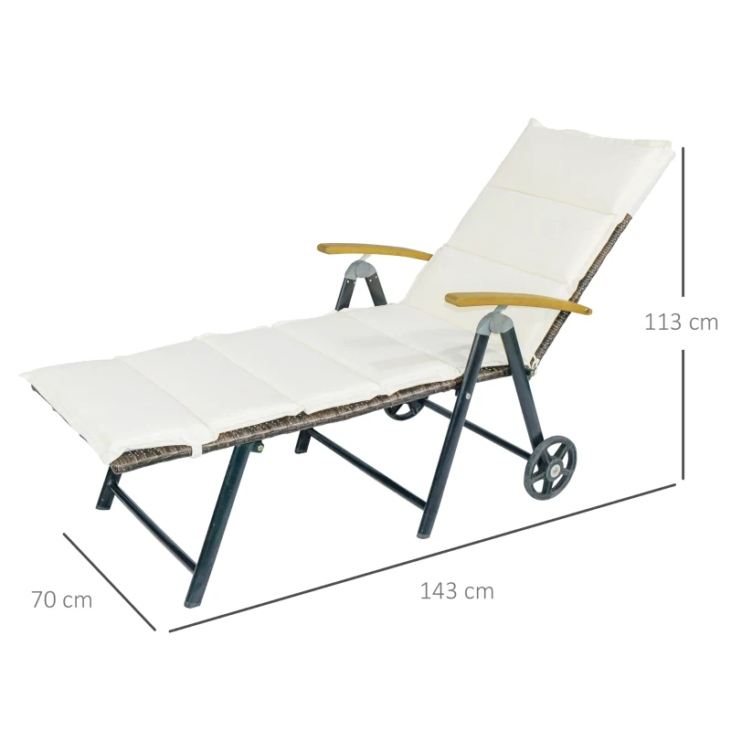 Outsunny Bain de soleil transat pliable - design colonial - dossier inclinable 4 positions roulettes - matelas inclus crème
