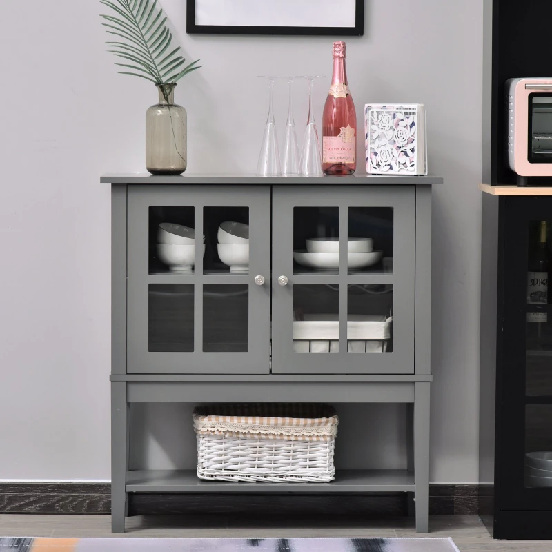 HOMCOM Buffet de cuisine Vaisselier en Vitrine Placard de  Rangement sur pied - 2 Portes en Verre, étagère - dim. 80L x 28l x 84H cm - Bois Gris
