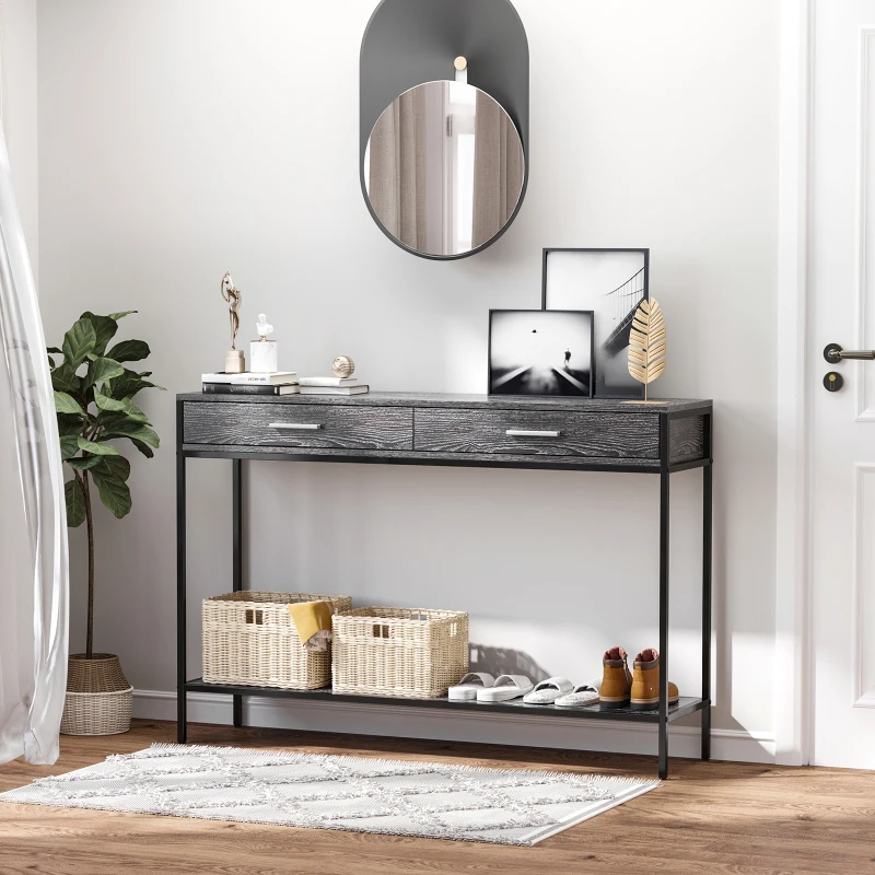 HOMCOM Console Table Worktop Bottom Shelf Home Two Drawer Industrial Minimal Style Grey Wood Tone Effect