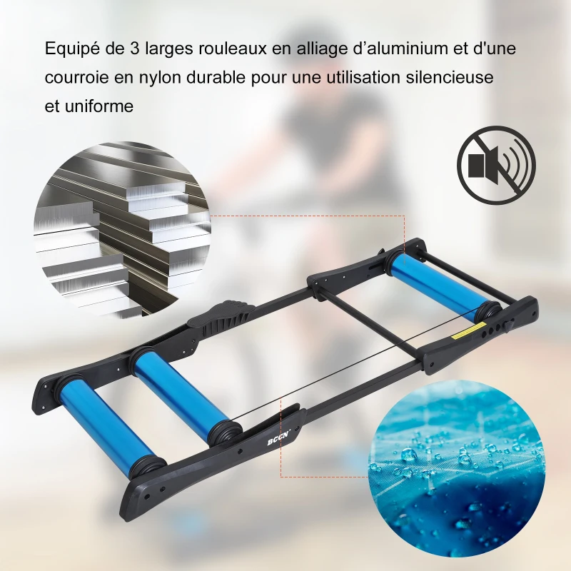 HOMCOM Home trainer rouleaux dim. 145L x 56l x 10,5H cm taille réglable pédale antidérapante aluminium noir bleu