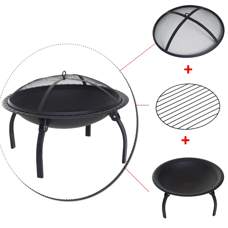 Outsunny brasero boule de feu cheminée foyer extérieur 71L x 71l x 42H cm pieds rétractables grille à charbon couvercle tisonnier métal noir