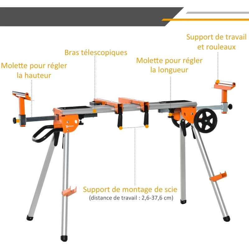 DURHAND Support pour scie à onglet pliable avec extensions longeur hauteur réglables supports pour bois plateaux outils intégrés aluminium métal 109-167 x 74 x 84,5-95,5 cm orange et noir