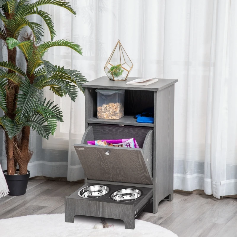 PawHut Gamelle de base chien chat meuble de rangement pour animaux - autopetfeeder station - placard porte basculante - tiroir coulissant 2 gamelles acier inox. intégrées - aspect bois gris