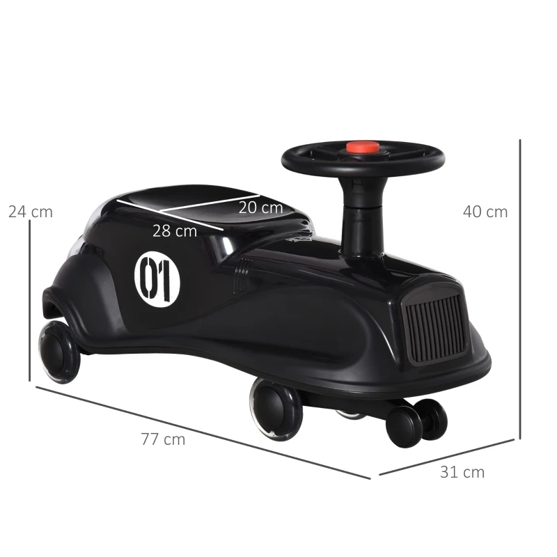 HOMCOM Porteur Enfant Voiture rétro Voiture de Torsion Pivotante avec klaxon et Coffre - Voiture dandineuse - 4 Roues PU Lumineuses LED - pour Intérieur et Extérieur, max. 50 KG métal PP Noir