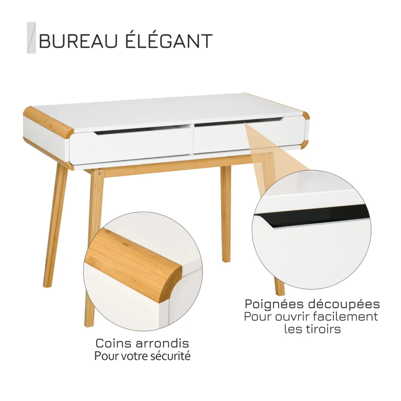 HOMCOM Bureau secrétaire Style scandinave dim. 100L x 45l x 73H cm 2 Grands tiroirs MDF Blanc Bois Massif Bambou
