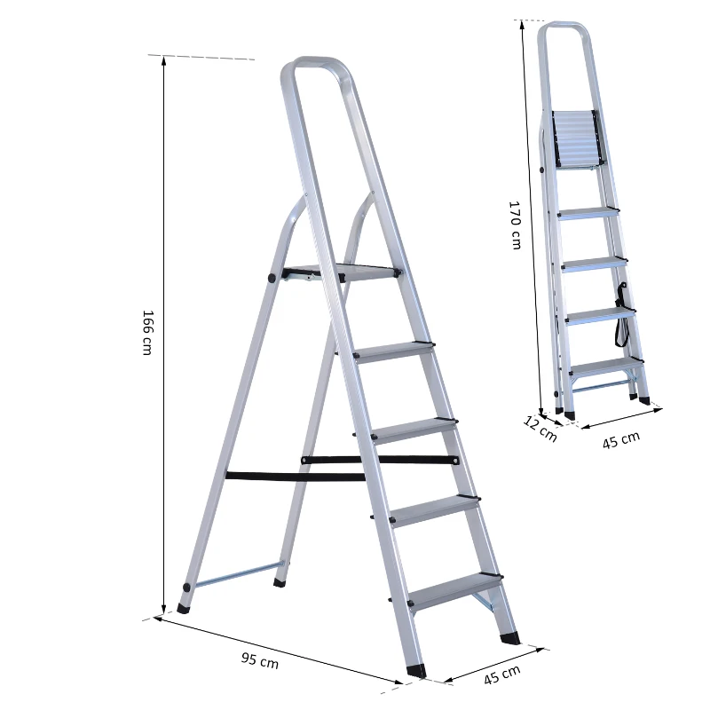 HOMCOM Escabeau de sécurité pliant antidérapant hauteur max. 166 cm charge max. 150 Kg aluminium