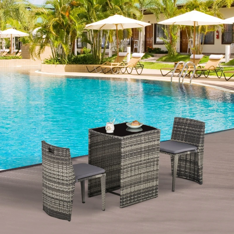 Outsunny Ensemble salon de jardin encastrable 3 pièces plateau table verre trempé + lot de 2 chaises coussins résine tressée grise