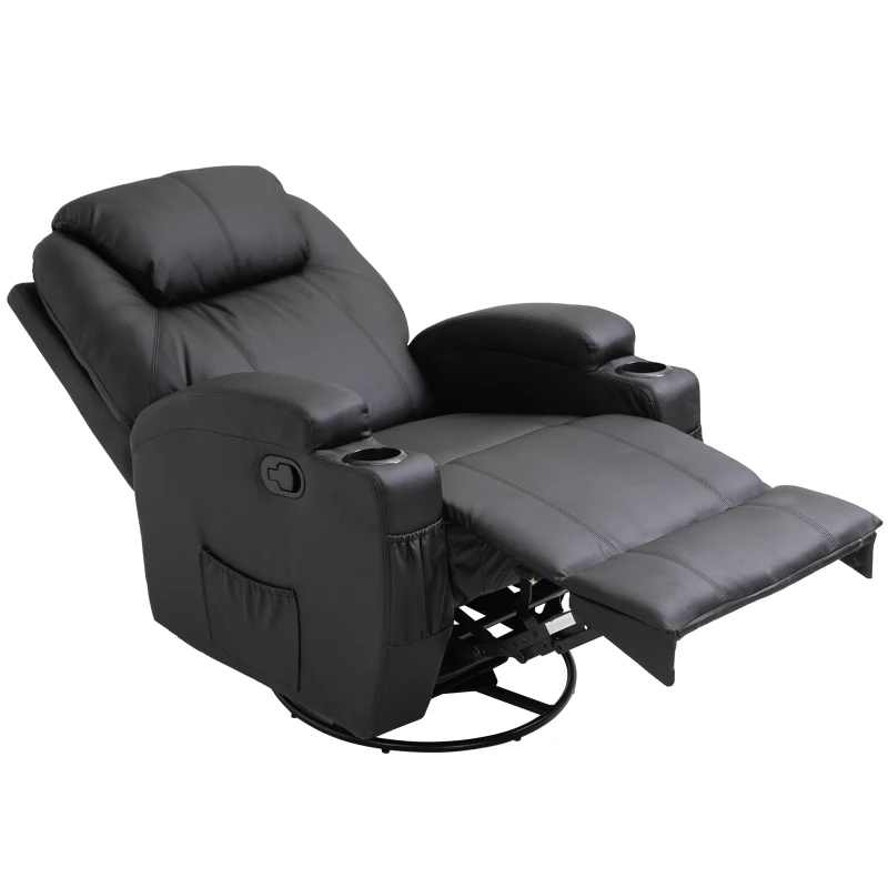 HOMCOM Fauteuil de massage relaxation électrique chauffant inclinable pivotant 360° avec repose-pied ajustable revêtement synthétique noir