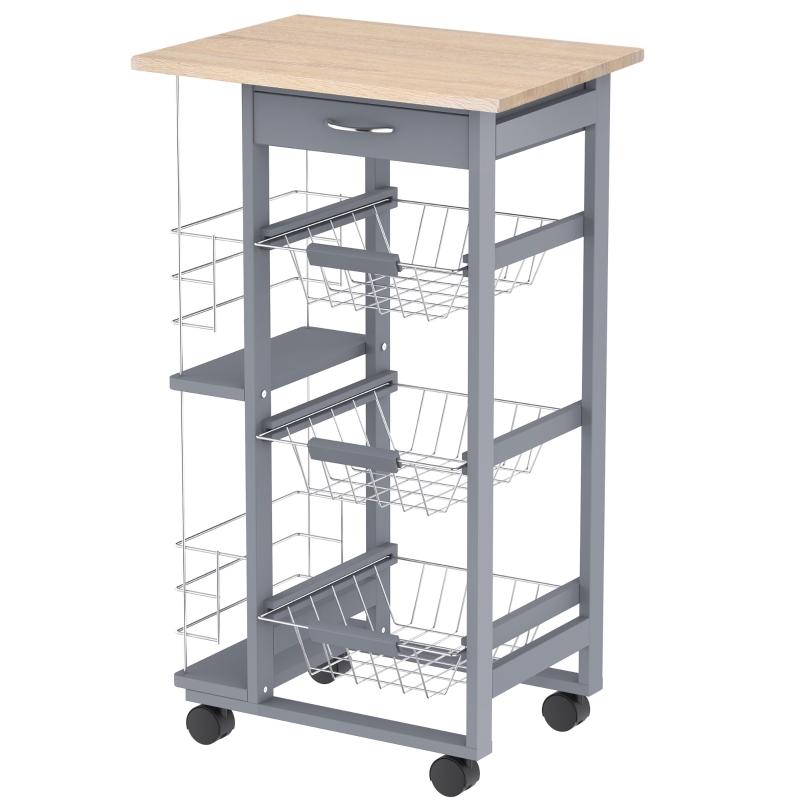 Desserte de cuisine 3 paniers métal tiroir + 2 range-bouteilles bois pin