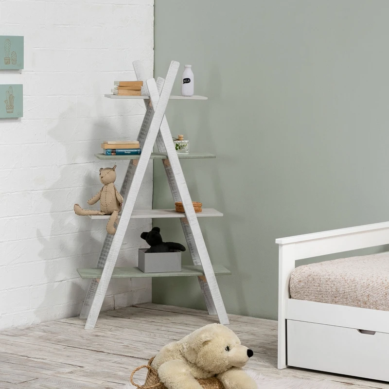 HOMCOM Étagère bibliothèque Design Pyramidal - étagère de Rangement 4 Niveaux - dim. 80,2L x 35l x 146,3H cm - MDF Blanc Vert Rustique