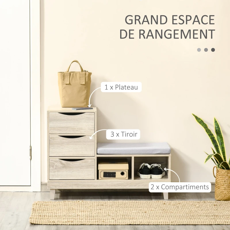 HOMCOM Meuble Chaussures Banc à Chaussures Design Urban Craft 3 tiroirs 2 niches Coussin Gris Inclus MDF Aspect chêne Clair