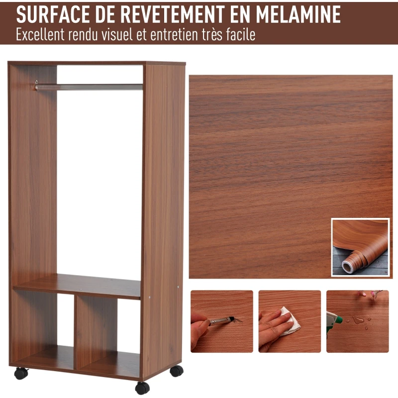 HOMCOM Armoire penderie étagère 2 niches penderie 4 roulettes pivotantes dim. 60L x 40l x 128H cm Coloris chêne Moyen