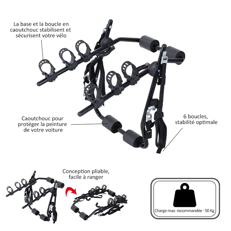 HOMCOM Porte-vélo pour 3 vélos - installation sur hayon - 6 sangles de sécurité - pliable - métal époxy noir