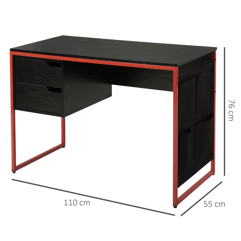 HOMCOM Bureau gaming bureau gamer bureau informatique 2 tiroirs 4 poches latérales métal rouge panneaux particules noir