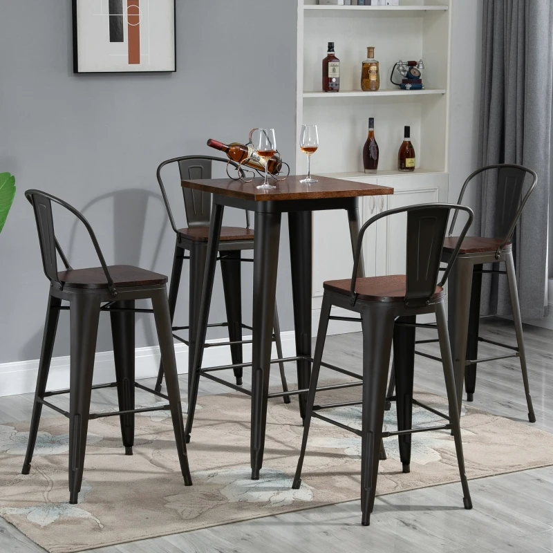 HOMCOM Lot de 4 tabourets de Bar Industriel avec Dossier Repose-Pied Hauteur Assise 76 cm métal café foncé Panneaux Multicouches Imitation Bois chêne foncé