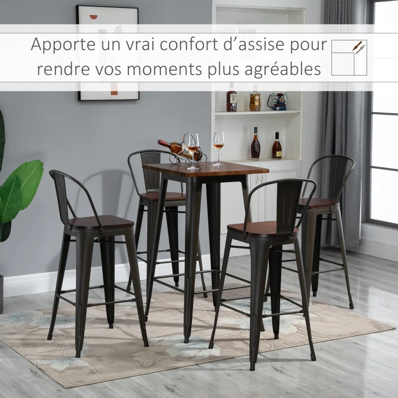 HOMCOM Lot de 4 tabourets de Bar Industriel avec Dossier Repose-Pied Hauteur Assise 76 cm métal café foncé Panneaux Multicouches Imitation Bois chêne foncé