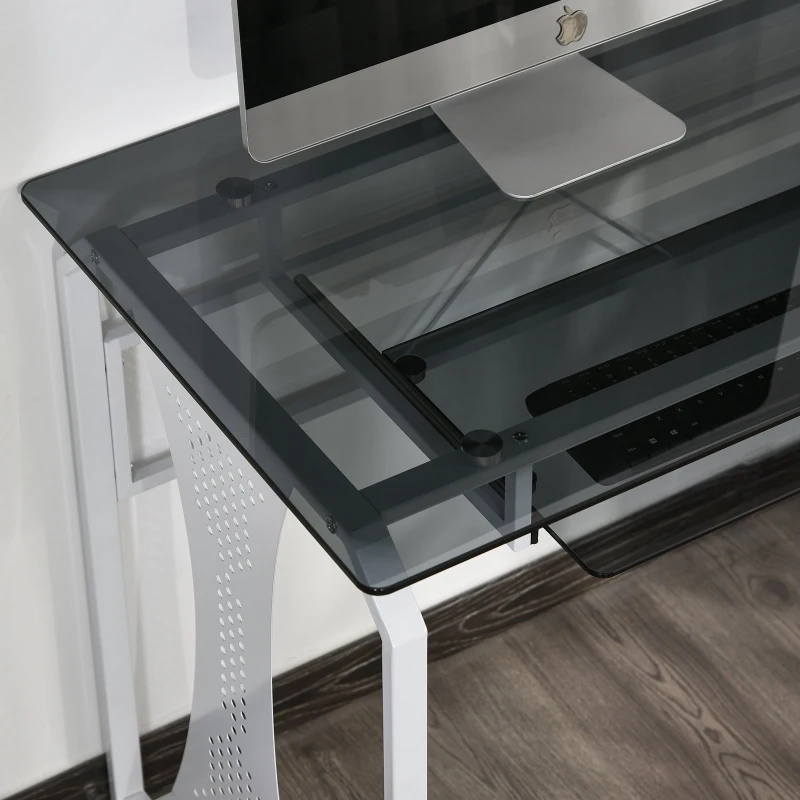 HOMCOM Table Informatique Bureau pour Ordinateur avec Clavier Coulissant Plateau Verre Trempé 100 x 54,5 x 75 cm Gris et Blanc
