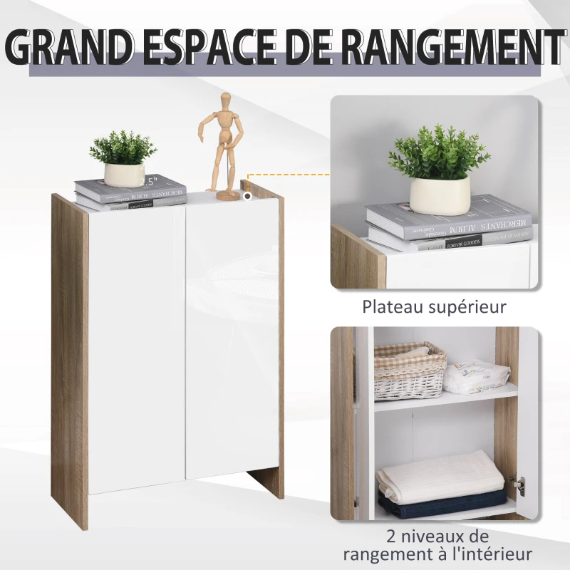 HOMCOM Meuble de Rangement 2 Portes Salle de Bain Salon Couleur Blanc et chêne dim. 60L x 25l x 90H cm