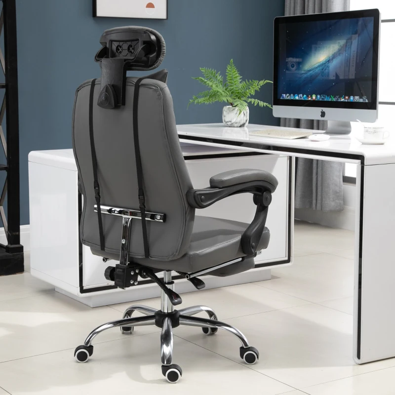HOMCOM Fauteuil de bureau manager grand confort repose-pied tétière + coussin lombaires intégrés dossier inclinable revêtement revêtement synthétique gris foncé