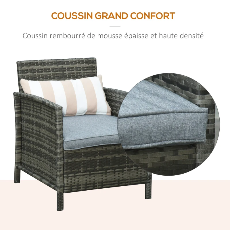 Outsunny Ensemble salon de jardin en résine tressée 3 pièces 2 fauteuils + table basse verre trempé coussins d'assise coussins lombaires déhoussables fournis acier 63 x 68 x 78 cm gris