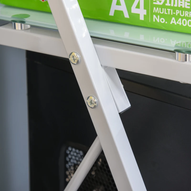 HOMCOM Bureau informatique design contemporain plateau + 3 étagères verre plateau clavier châssis métal blanc