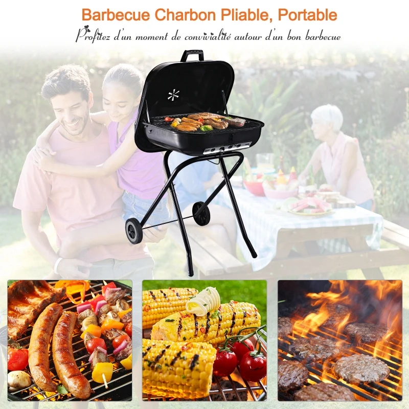 Outsunny Barbecue à Charbon Pliable BBQ Grill sur Pied avec Couvercle et roulettes dim. 57L x 70l x 86H cm Acier émaillé Noir