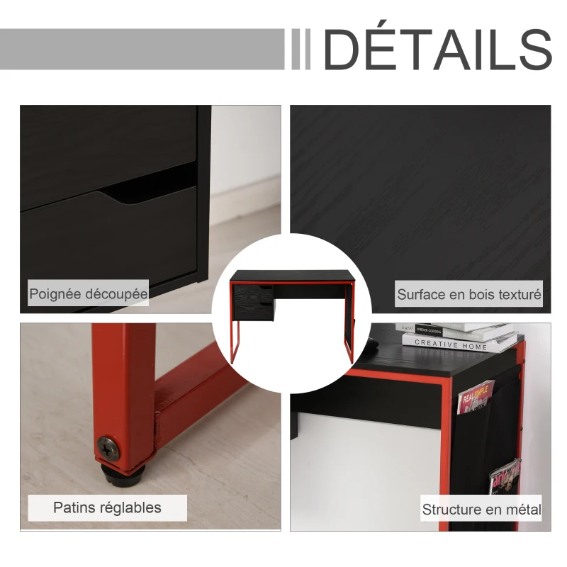 HOMCOM Bureau gaming bureau gamer bureau informatique 2 tiroirs 4 poches latérales métal rouge panneaux particules noir