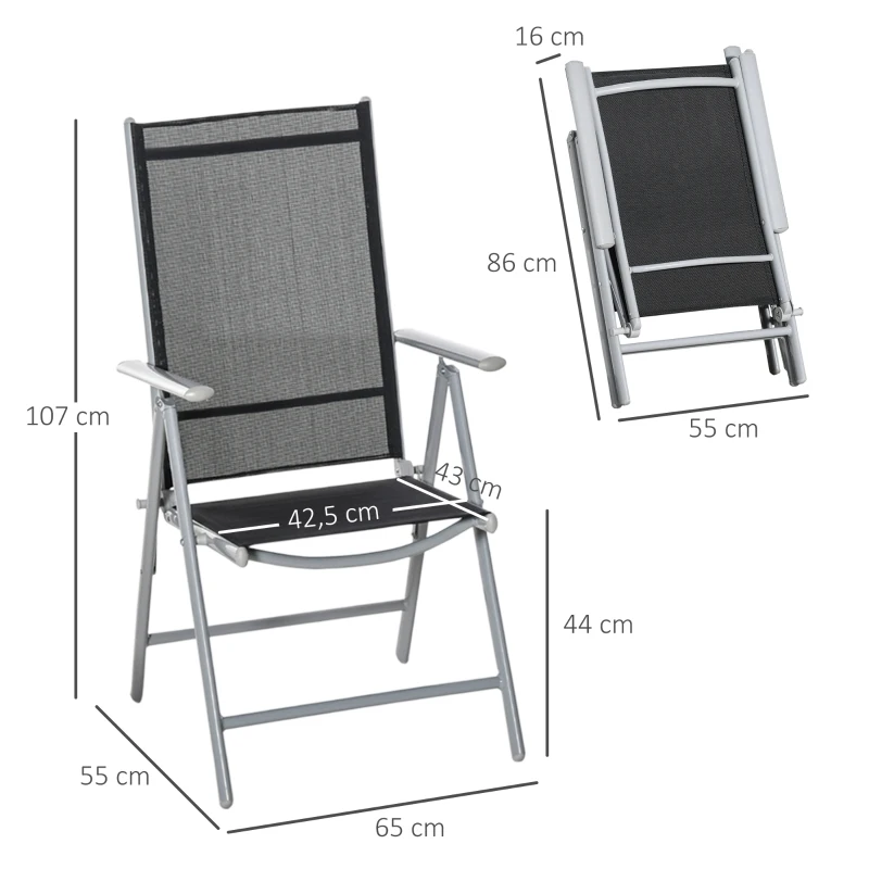 Outsunny Lot de 4 chaises de Jardin Pliantes Dossier Haut inclinable Multi-Positions accoudoirs alu. textilène Noir