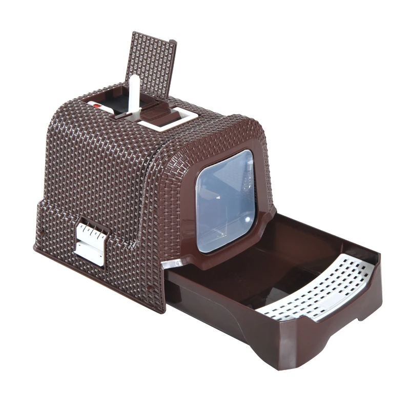 PawHut Maison de toilette pour chat tiroir à litière coulissant porte battante filtre odeur + pelle fournis 54L x 42l x 41H cm chocolat