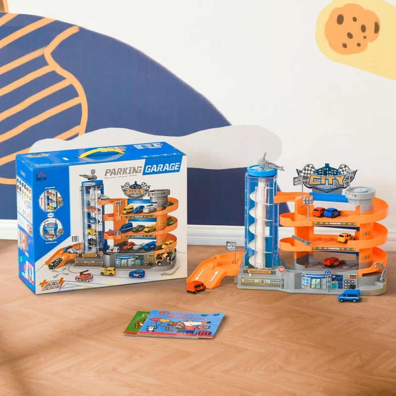 HOMCOM Garage Parking Voitures Enfant - 3 Niveaux, 6 Voitures, Ascenseur, rampes en Spirale, 15 Places stationnement - PP ABS Orange Gris Bleu