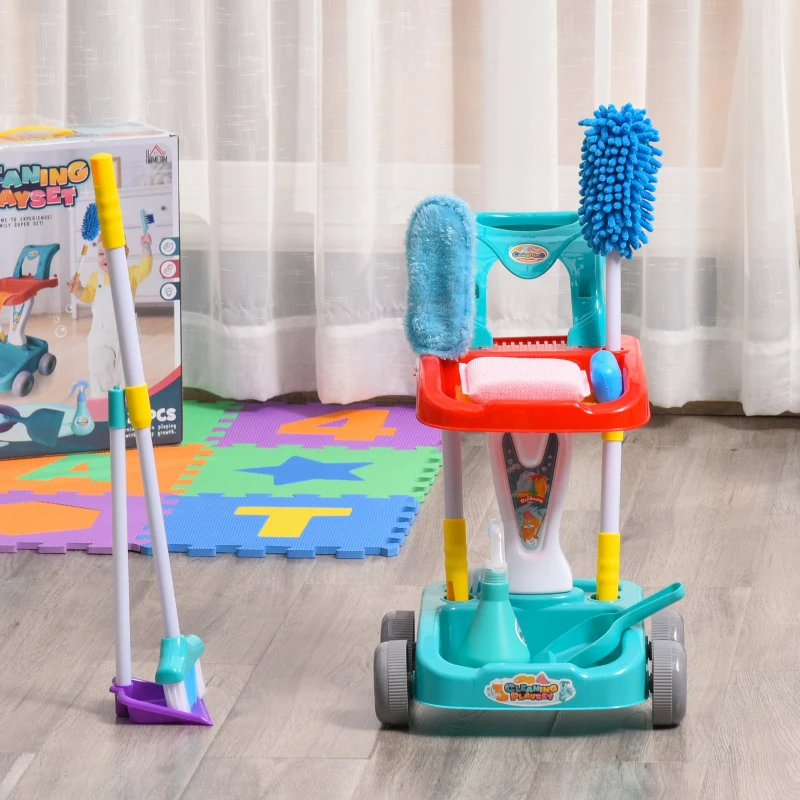 HOMCOM Jeu d'imitation Chariot de Nettoyage Enfant - Chariot de ménage Enfant - Total 22 Accessoires variés - ABS PP Bleu Rouge Blanc