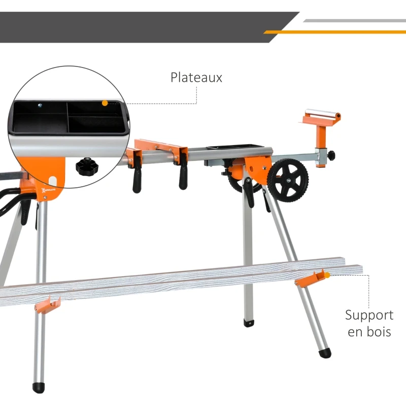 DURHAND Support pour scie à onglet pliable avec extensions longeur hauteur réglables supports pour bois plateaux outils intégrés aluminium métal 109-167 x 74 x 84,5-95,5 cm orange et noir