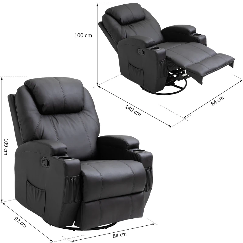 HOMCOM Fauteuil de massage relaxation électrique chauffant inclinable pivotant 360° avec repose-pied ajustable revêtement synthétique noir