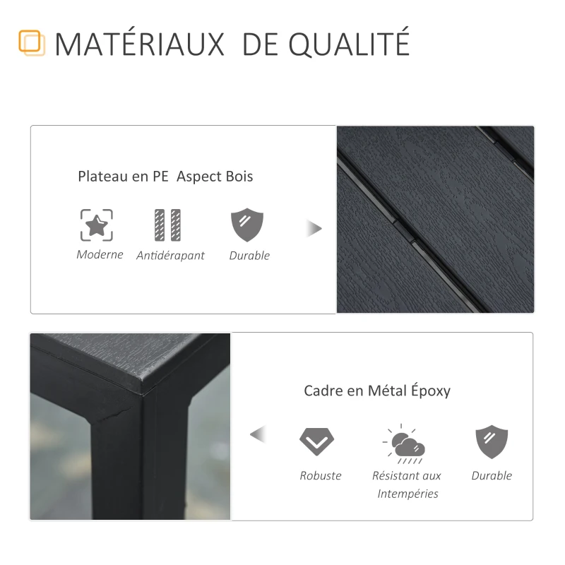Outsunny Table carrée Bistro de Jardin dim. 78L X 78l x 74H cm châssis métal époxy Plateau PE à Lattes Imitation Bois Noir