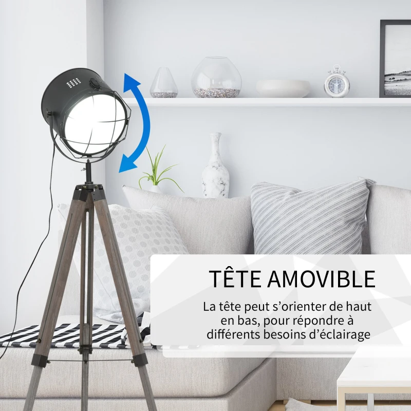 HOMCOM Lampadaire trépied projecteur Style Industriel néo-rétro Hauteur réglable 63l x 63P x 111-151H cm Bois gris métal noir