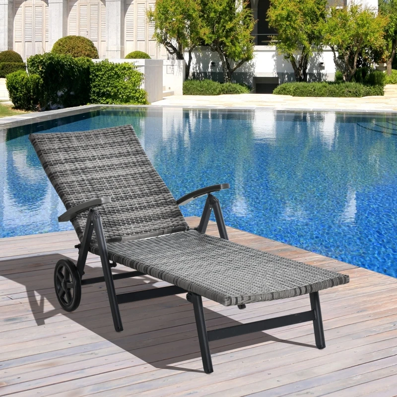 Transat bain de soleil pliable style colonial inclinaison réglable multipositions accoudoirs roues résine tressée grise