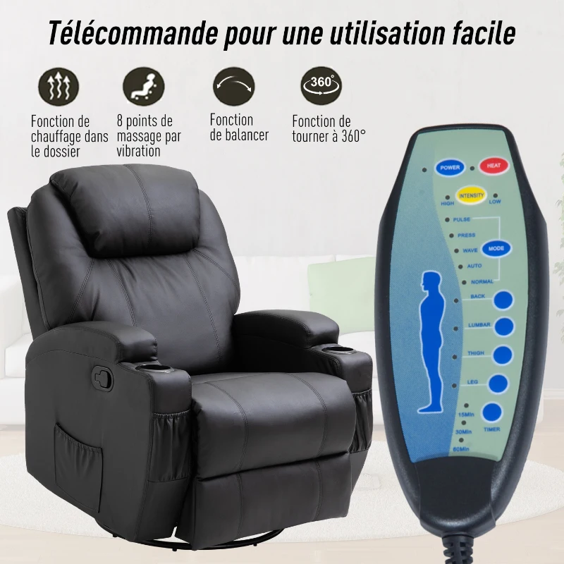 HOMCOM Fauteuil de massage relaxation électrique chauffant inclinable pivotant 360° avec repose-pied ajustable revêtement synthétique noir
