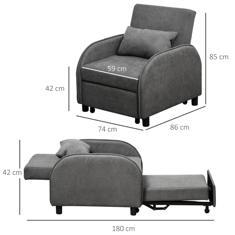 HOMCOM Fauteuil chauffeuse canapé-lit convertible 1 place dossier inclinable 3 positions coussin inclus polyester coton gris