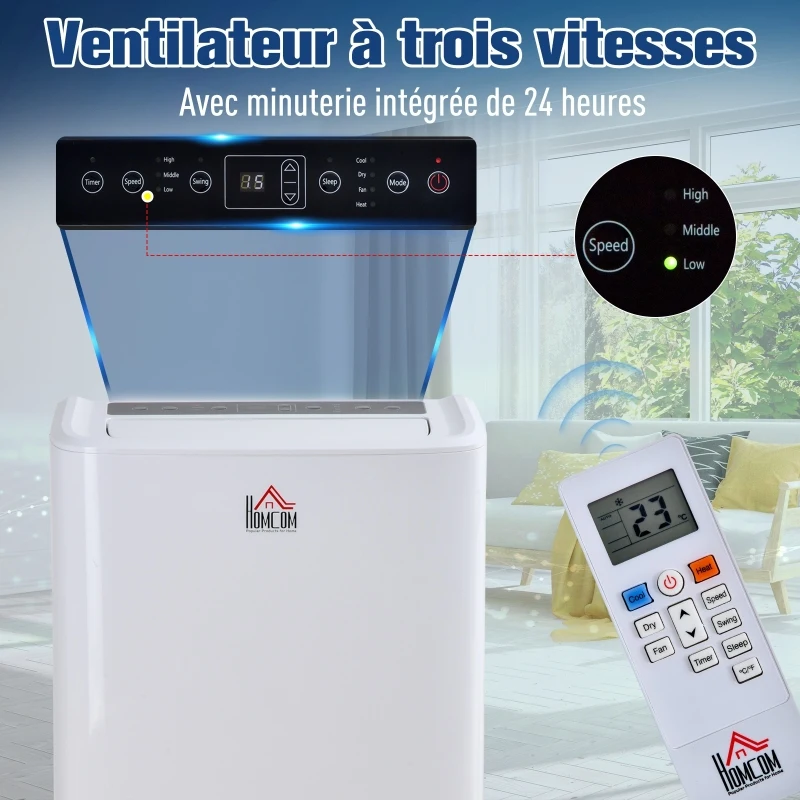 HOMCOM Climatiseur portable réversible froid chaud 12000 BTU/h max. - ventilateur, déshumidificateur - réfrigérant naturel R290 - télécommande - débit d'air 400 m³/h - blanc