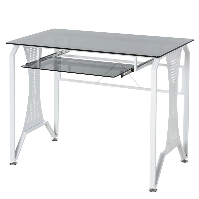 HOMCOM Table Informatique Bureau pour Ordinateur avec Clavier Coulissant Plateau Verre Trempé 100 x 54,5 x 75 cm Gris et Blanc