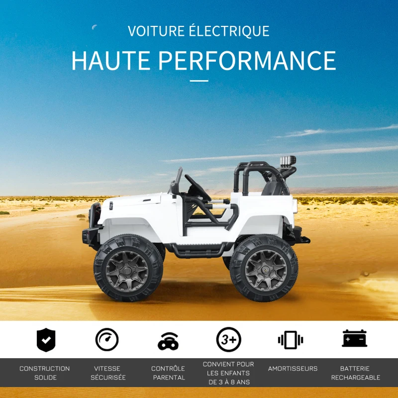 HOMCOM Voiture 4x4 électrique 12 V + télécommande 128L x 78l x 76H cm Enfants 3 à 8 Ans Effets Lumineux sonores Lecteur MP3 Blanc