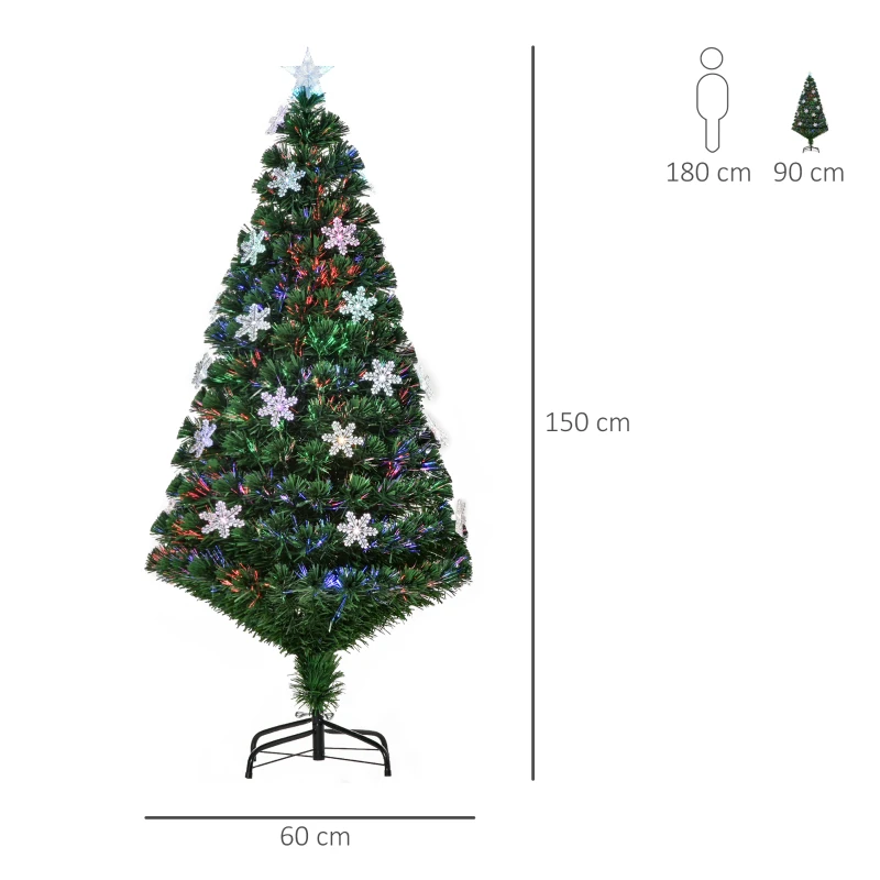 HOMCOM Sapin de Noël Artificiel Lumineux 21 lumières LED Fibres optiques Lumineux Multicolores 180 Branches PVC étoile Sommet Brillante Ø 60 x 150 cm Vert