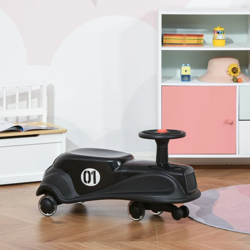 HOMCOM Porteur Enfant Voiture rétro Voiture de Torsion Pivotante avec klaxon et Coffre - Voiture dandineuse - 4 Roues PU Lumineuses LED - pour Intérieur et Extérieur, max. 50 KG métal PP Noir
