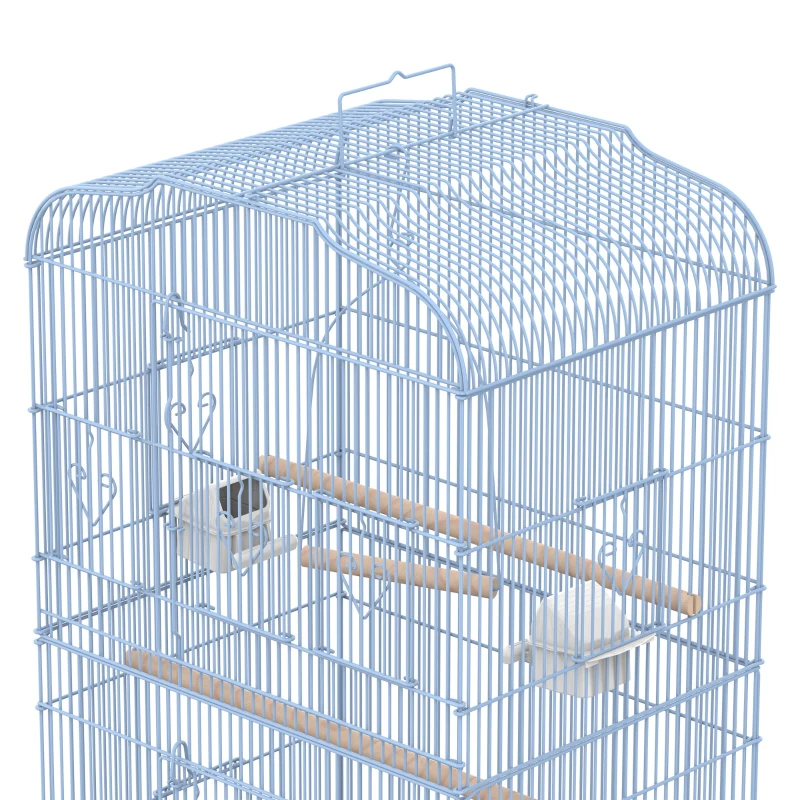 PawHut Cage à oiseaux sur pied volière oiseaux sur roulettes avec toit ouvrant 3 perchoirs étagère inférieure 46,5 x 36 x 157 cm