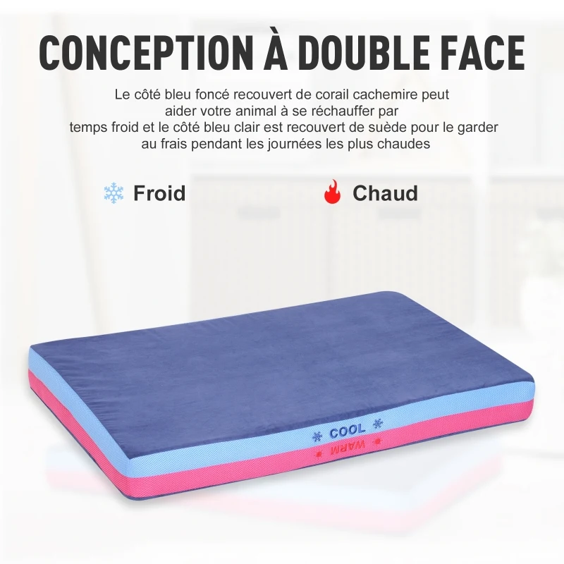 PawHut Lit matelas orthopédique grande taille mémoire de forme pour chien 101L x 66l x 10H cm housse amovible suède corail cachemire bleu