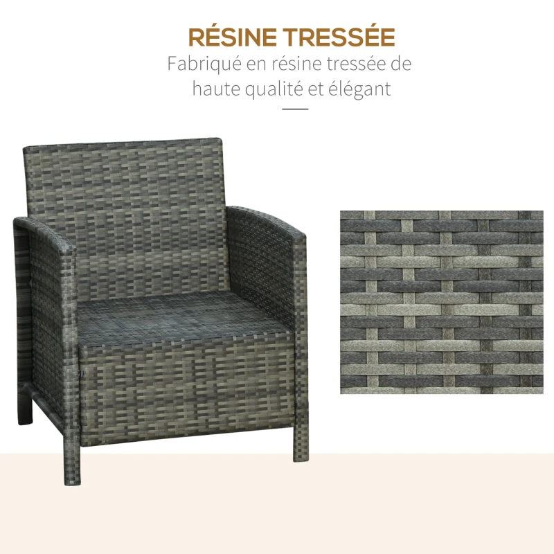 Outsunny Ensemble salon de jardin en résine tressée 3 pièces 2 fauteuils + table basse verre trempé coussins d'assise coussins lombaires déhoussables fournis acier 63 x 68 x 78 cm gris