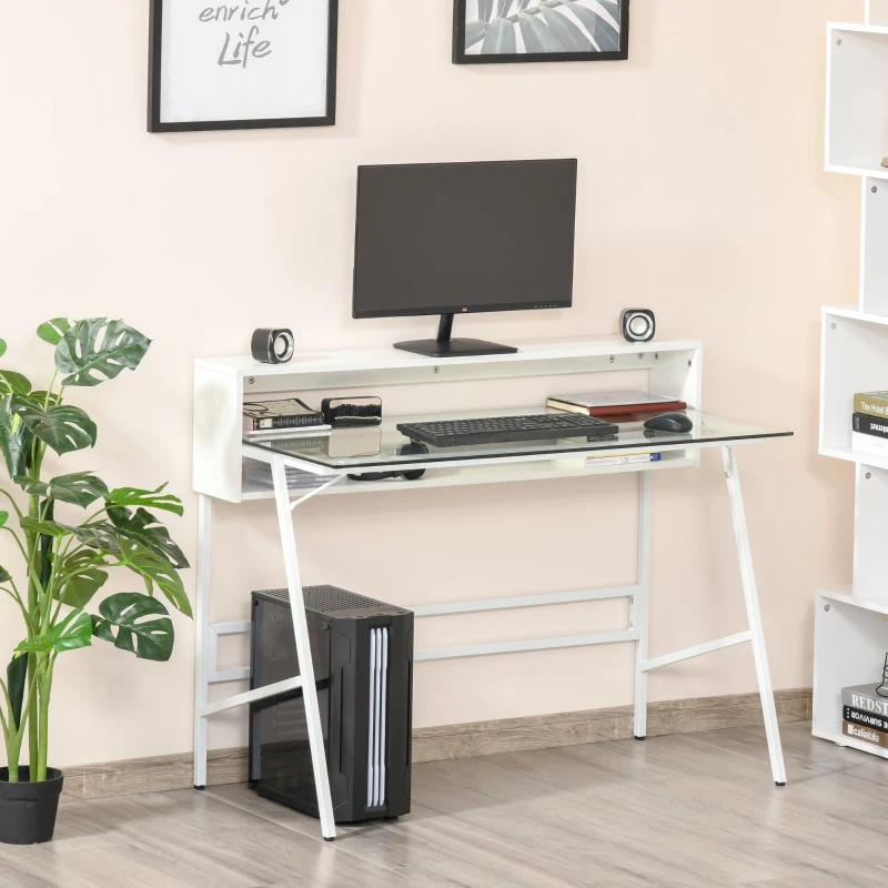 HOMCOM Bureau informatique bureau secrétaire en verre multimédia contemporain 2 étagères arrières cadre en métal blanc