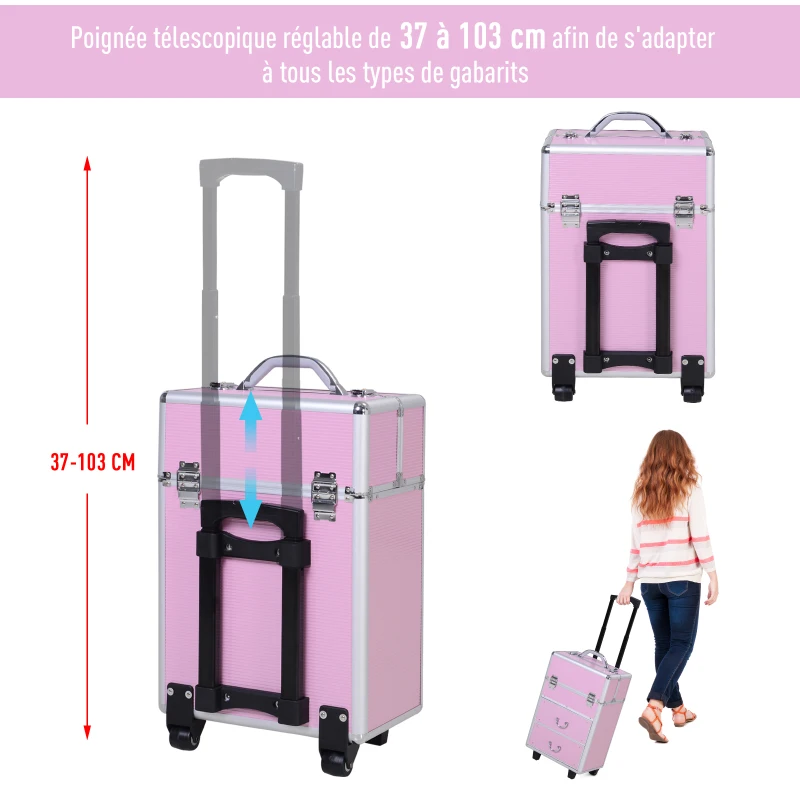 HOMCOM Valise trolley maquillage malette cosmétique vanity poignée télescopique réglable 36L x 23l x 58H cm alu rose