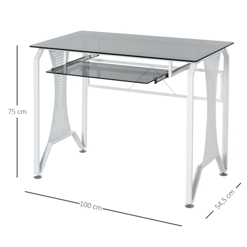 HOMCOM Table Informatique Bureau pour Ordinateur avec Clavier Coulissant Plateau Verre Trempé 100 x 54,5 x 75 cm Gris et Blanc