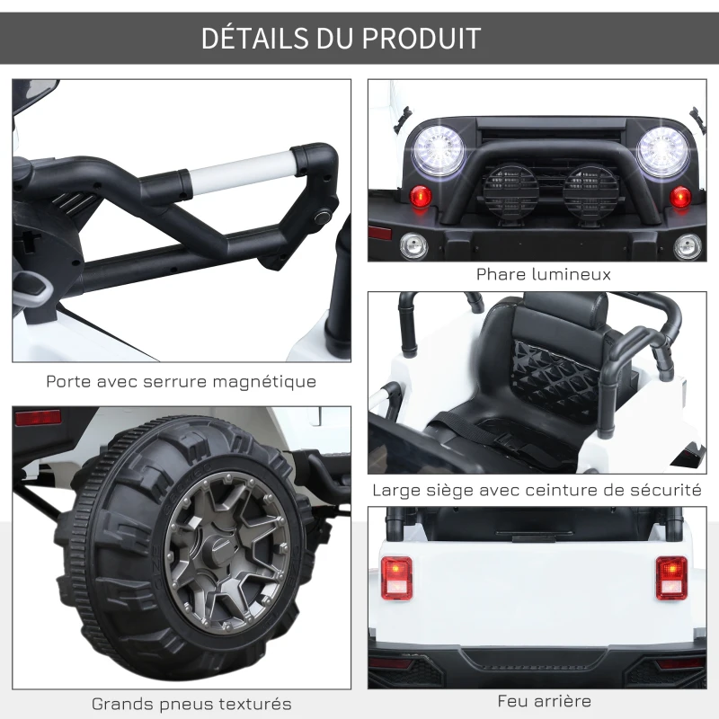 HOMCOM Voiture 4x4 électrique 12 V + télécommande 128L x 78l x 76H cm Enfants 3 à 8 Ans Effets Lumineux sonores Lecteur MP3 Blanc